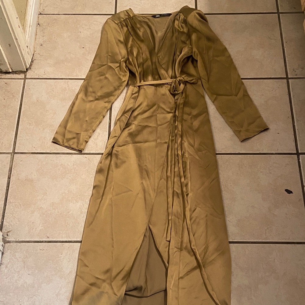 Zara Satin Wrap Dress in Mustard Gold